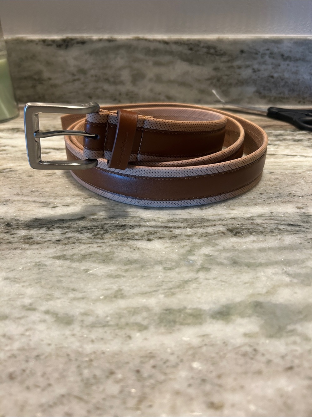 Tommy Bahama Brown Leather Belt with Light Tan Edge